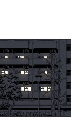 夜。なつみ・はるな・ふゆきの住むマンションの窓に灯りがついている。
